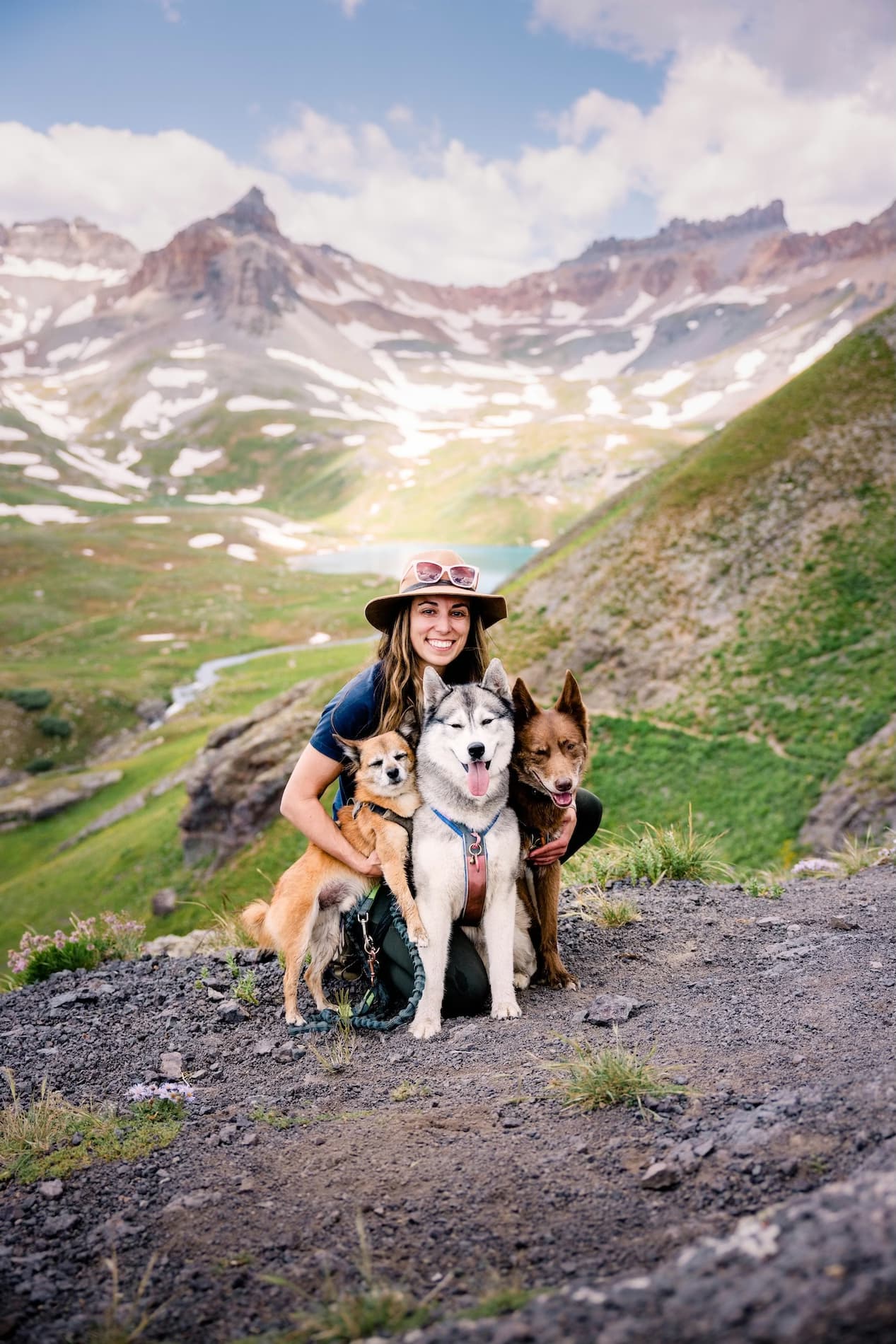 Natasha Johnson with her dogs in the mountains