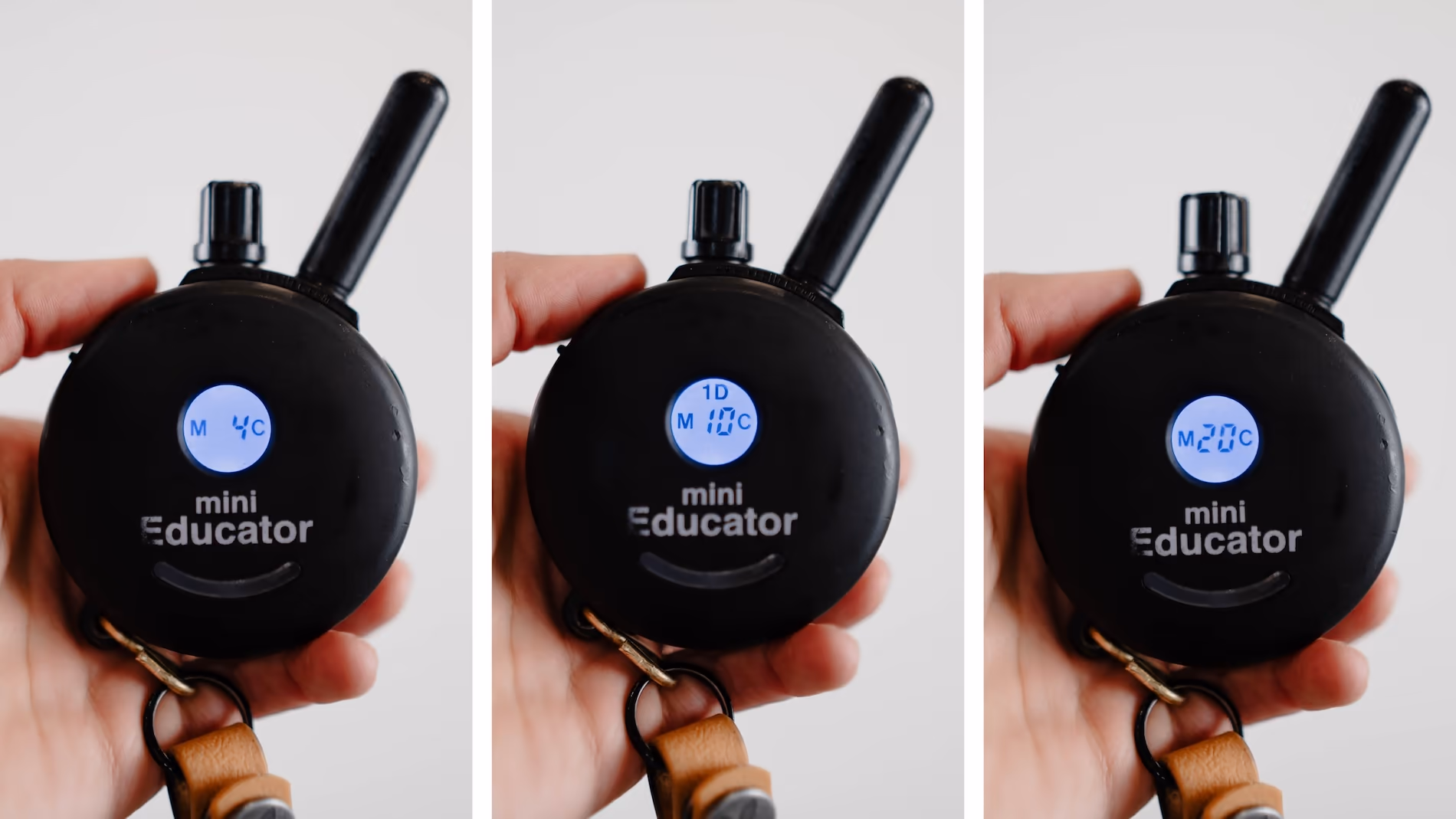 Three different photos of the e-collar remote set to three different stim levels.