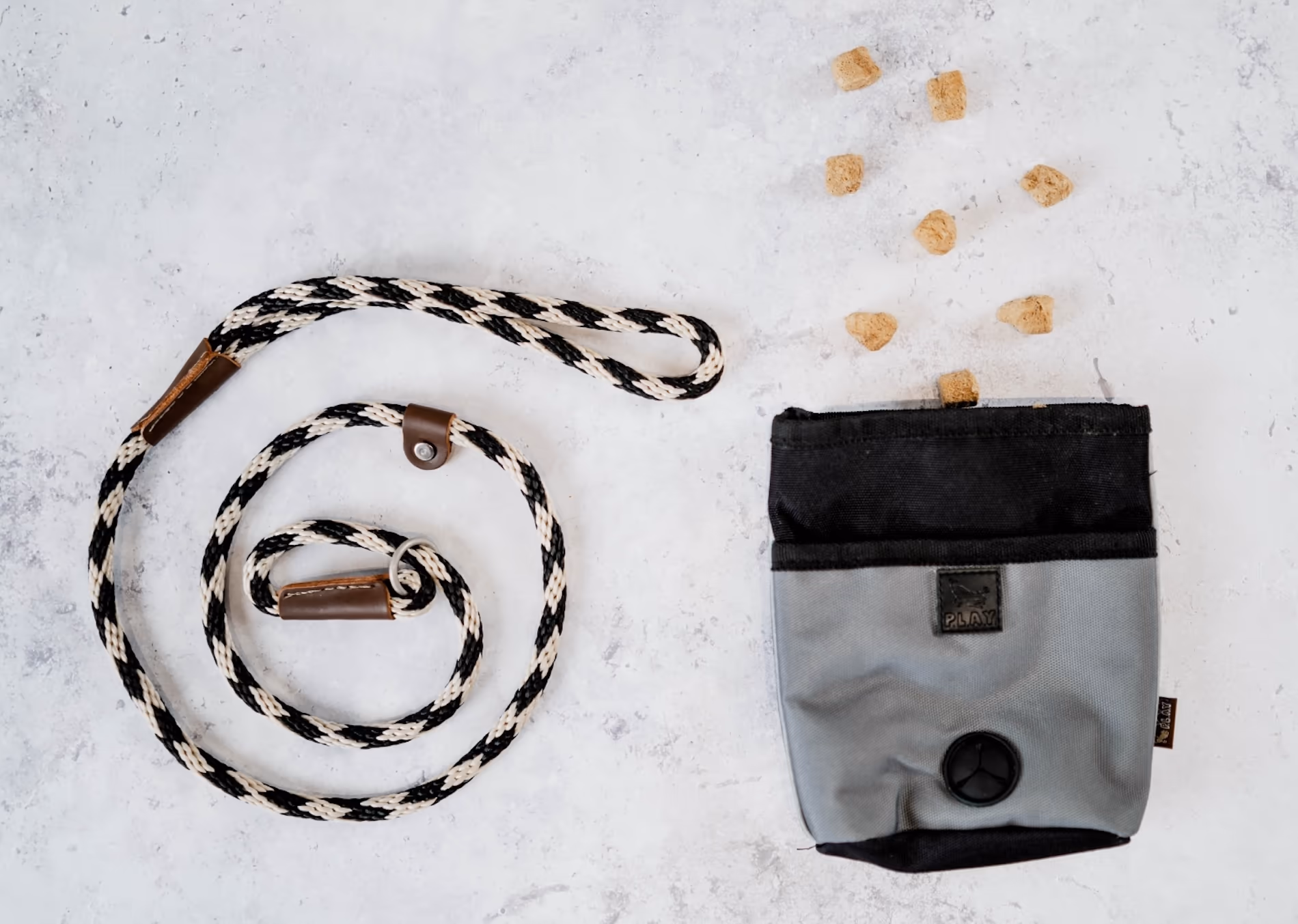 bird's eye view of a layflat photo of a slip-lead and treat pouch
