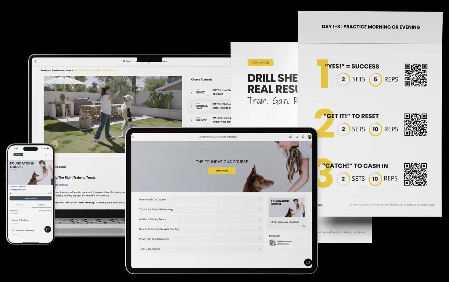 Course materials — video tutorials, drill sheets, and progress tracker on device mockups